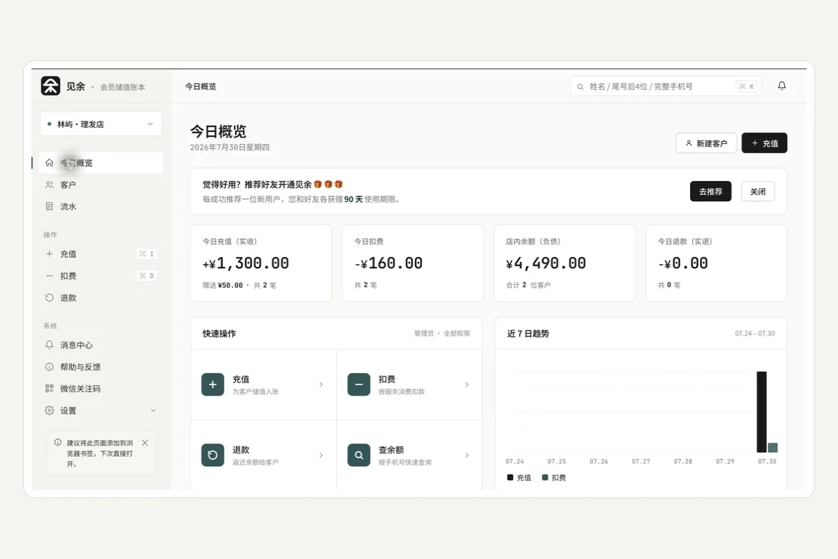 见余门店日结示例，展示充值实收、赠送、扣费、退款和店内余额